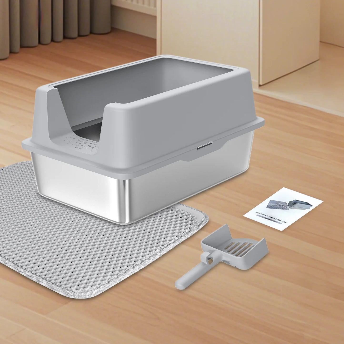 Stainless Steel Cat Litter Box with Paw Filter Pedal&2-Layer Sifting Mat&Scooper, 20L Extra Large Metal Litter Pan with Lid&High Wall Sides Enclosure for Small/Big/Multi Cats,Light Grey