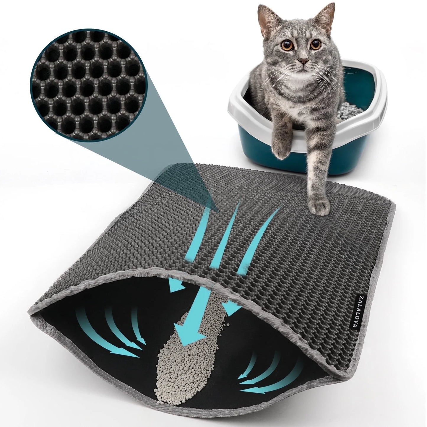 Cat Litter Mat Kitty Litter Mat , 24 X 15 Inch Honeycomb Easy to Clean, Soft on Paws, Non-Slip, Waterproof Cat Mat (Black)