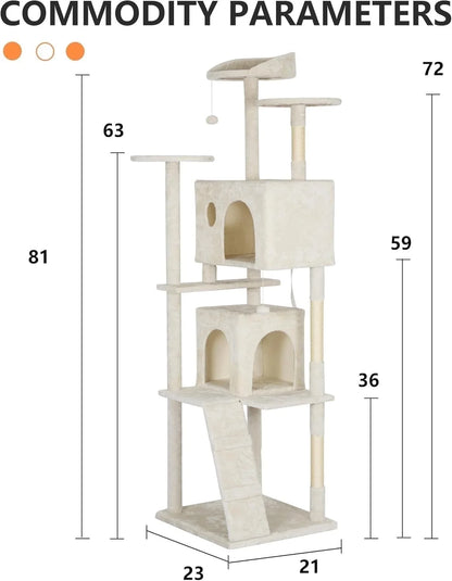 81In Cat Tree Tower for Indoor Cats,Multi-Level Cat Furniture Activity Center with Cat Scratching Posts Stand House Cat Condo with Funny Toys for Kittens Pet Play House,Beige