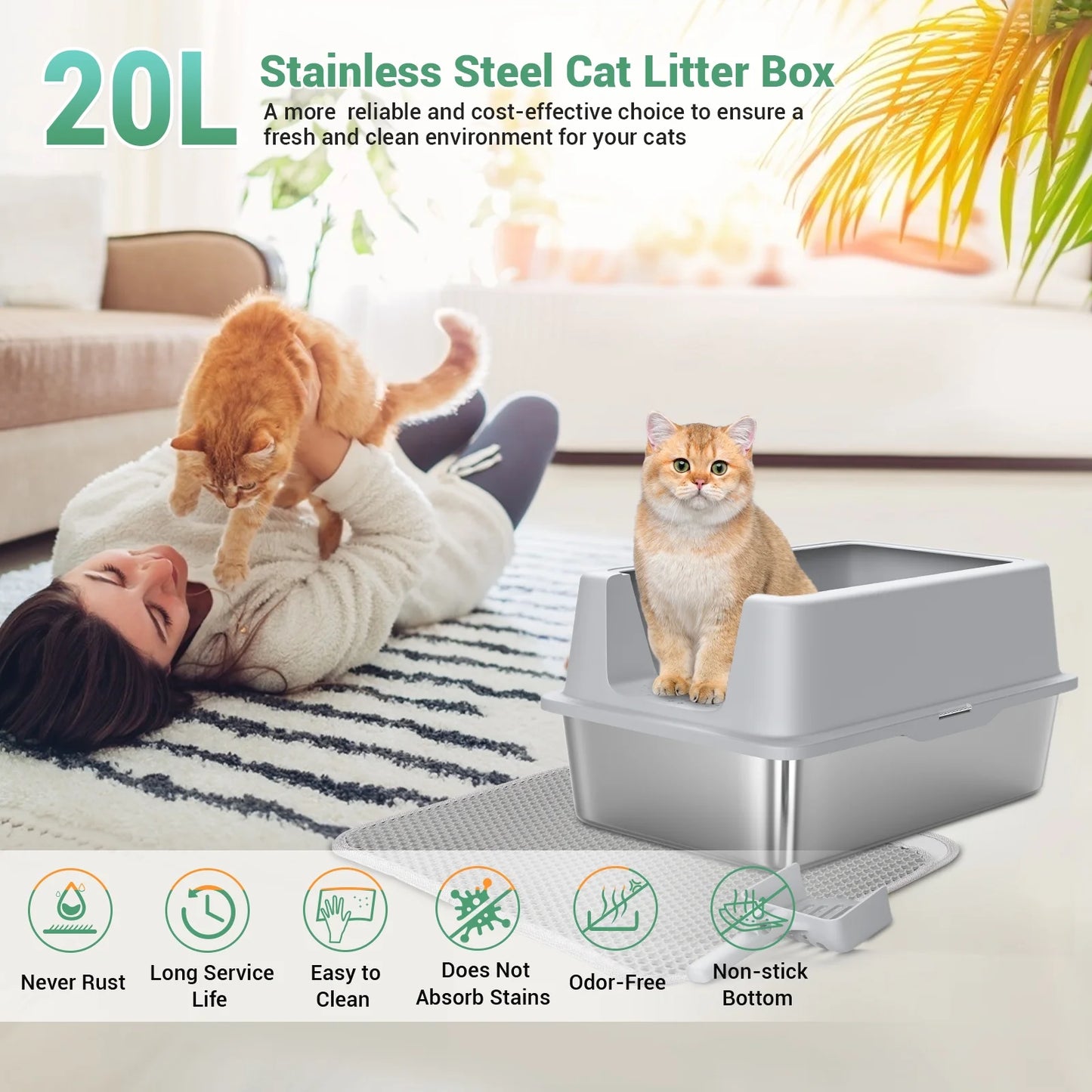 Stainless Steel Cat Litter Box with Paw Filter Pedal&2-Layer Sifting Mat&Scooper, 20L Extra Large Metal Litter Pan with Lid&High Wall Sides Enclosure for Small/Big/Multi Cats,Light Grey