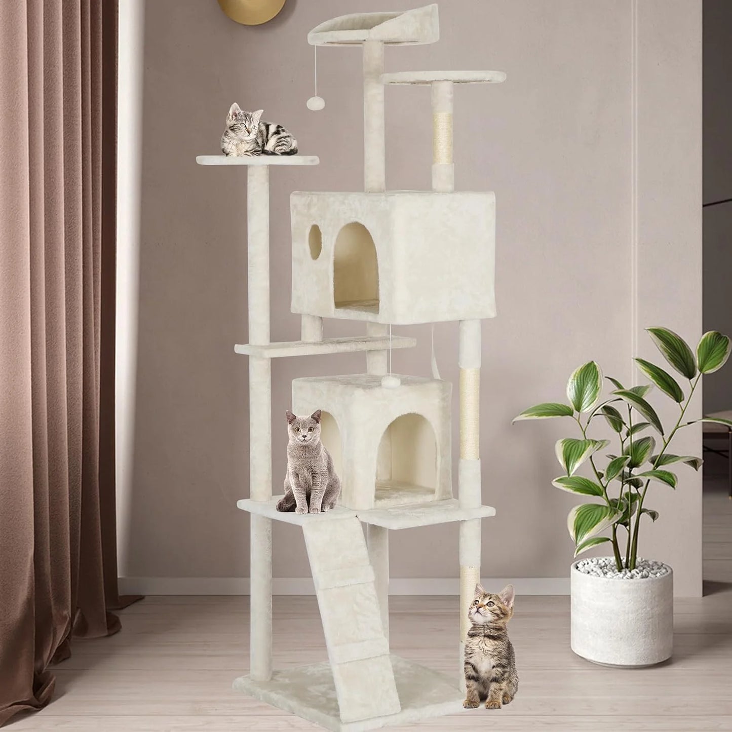 81In Cat Tree Tower for Indoor Cats,Multi-Level Cat Furniture Activity Center with Cat Scratching Posts Stand House Cat Condo with Funny Toys for Kittens Pet Play House,Beige