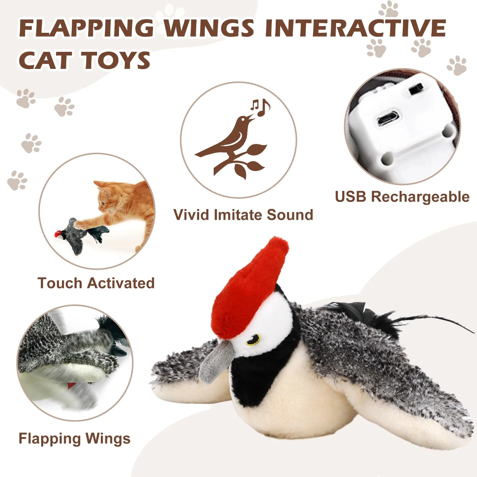 Cat Toys for Indoor Cats Interactive Flapping Chirping Bird Kitten Toy Touch Activated Rechargeable Automatic with Catnip