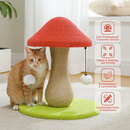 Mushroom Cat Scratching Post, Cat Scratcher Cute with 100% Sisal Covered Scratching Post & Pompoms Cat Toy, Mushroom Cat Post