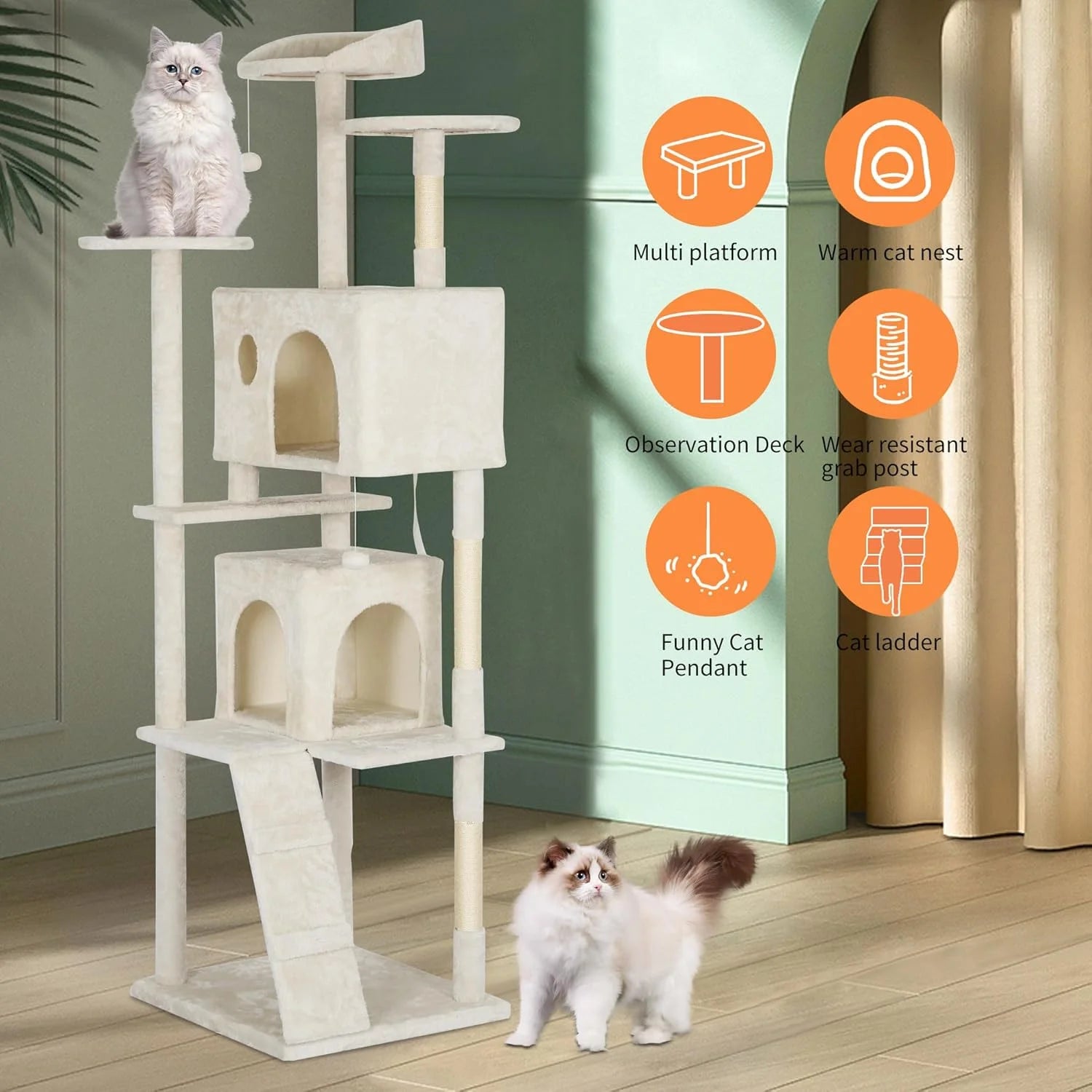 81In Cat Tree Tower for Indoor Cats,Multi-Level Cat Furniture Activity Center with Cat Scratching Posts Stand House Cat Condo with Funny Toys for Kittens Pet Play House,Beige