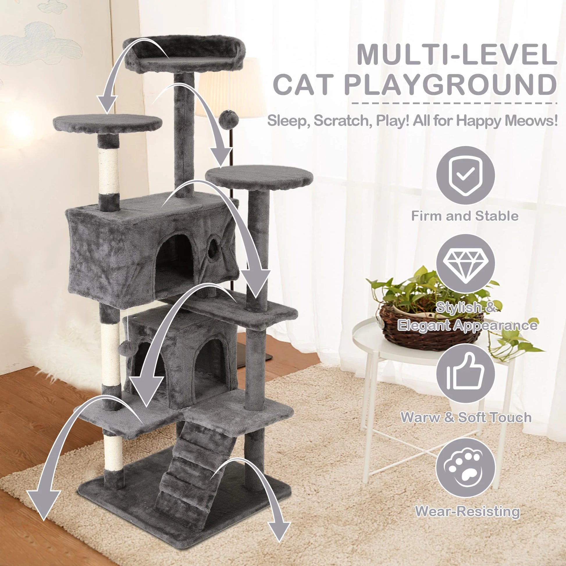 54In  Tower, Multi-Level Cat Tower Furniture Activity Center with Platform Scratching Posts Stand House Condo and Toy, Cat Condos for Indoor Cats Kitten Activity Relaxing, Ashy