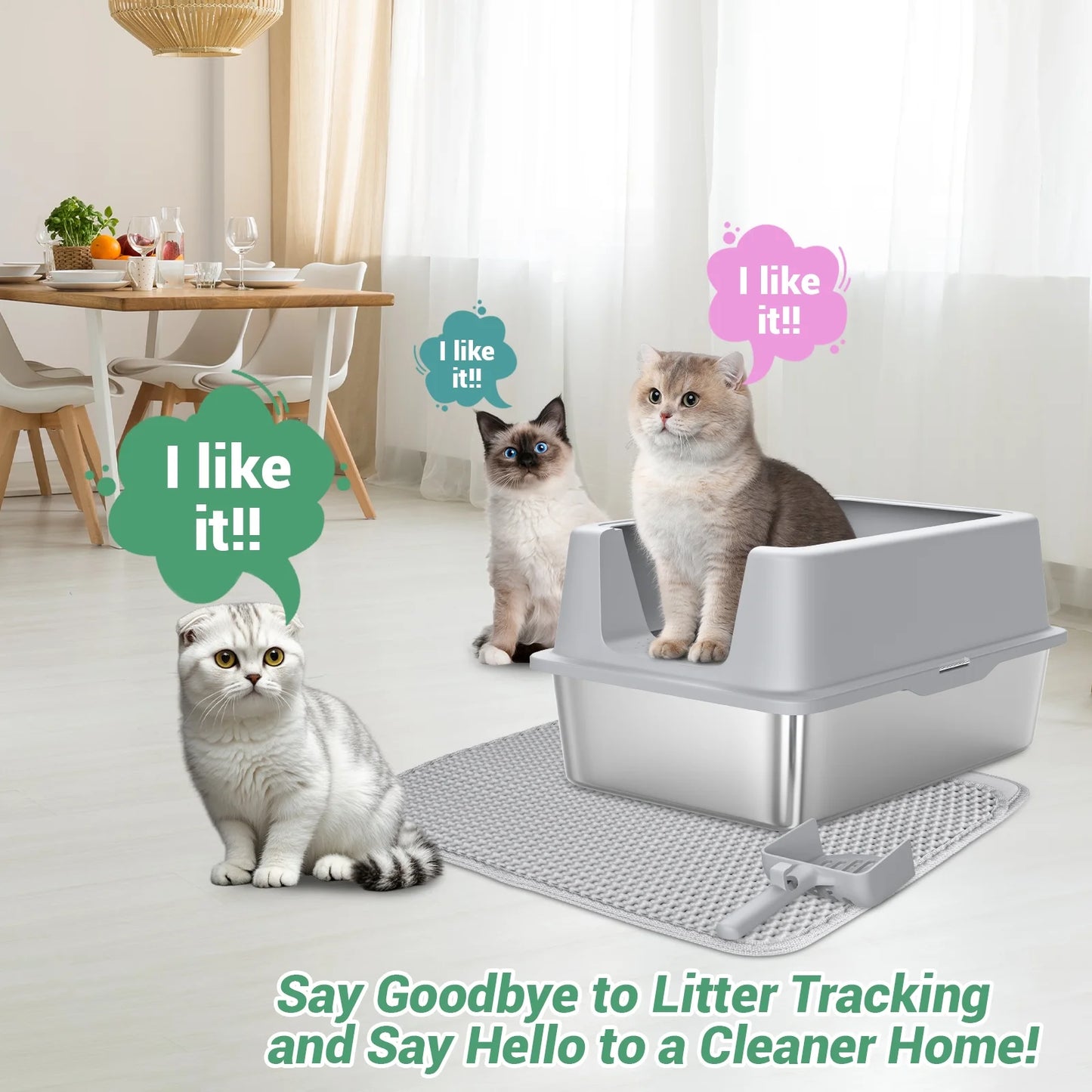 Stainless Steel Cat Litter Box with Paw Filter Pedal&2-Layer Sifting Mat&Scooper, 20L Extra Large Metal Litter Pan with Lid&High Wall Sides Enclosure for Small/Big/Multi Cats,Light Grey