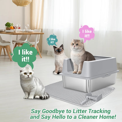 Stainless Steel Cat Litter Box with Paw Filter Pedal&2-Layer Sifting Mat&Scooper, 20L Extra Large Metal Litter Pan with Lid&High Wall Sides Enclosure for Small/Big/Multi Cats,Light Grey