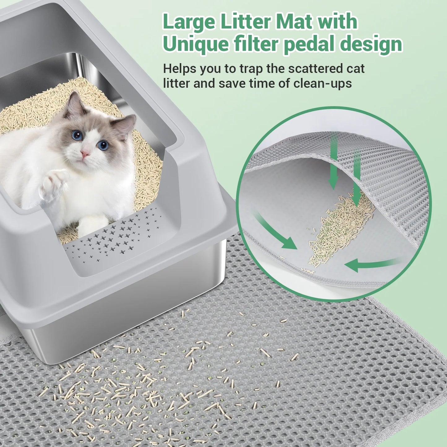 Stainless Steel Cat Litter Box with Paw Filter Pedal&2-Layer Sifting Mat&Scooper, 20L Extra Large Metal Litter Pan with Lid&High Wall Sides Enclosure for Small/Big/Multi Cats,Light Grey