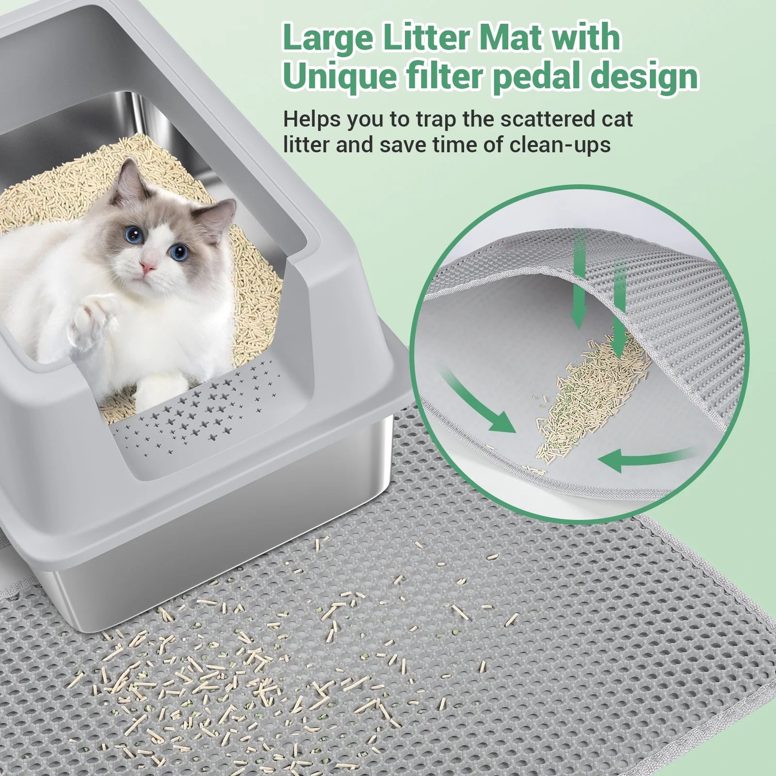 Stainless Steel Cat Litter Box with Paw Filter Pedal&2-Layer Sifting Mat&Scooper, 20L Extra Large Metal Litter Pan with Lid&High Wall Sides Enclosure for Small/Big/Multi Cats,Light Grey