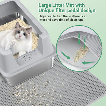 Stainless Steel Cat Litter Box with Paw Filter Pedal&2-Layer Sifting Mat&Scooper, 20L Extra Large Metal Litter Pan with Lid&High Wall Sides Enclosure for Small/Big/Multi Cats,Light Grey