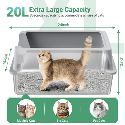 Stainless Steel Cat Litter Box with Paw Filter Pedal&2-Layer Sifting Mat&Scooper, 20L Extra Large Metal Litter Pan with Lid&High Wall Sides Enclosure for Small/Big/Multi Cats,Light Grey