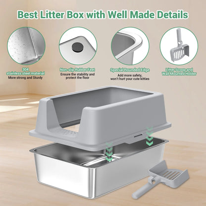 Stainless Steel Cat Litter Box with Paw Filter Pedal&2-Layer Sifting Mat&Scooper, 20L Extra Large Metal Litter Pan with Lid&High Wall Sides Enclosure for Small/Big/Multi Cats,Light Grey