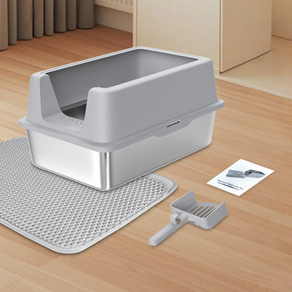 Stainless Steel Cat Litter Box with Paw Filter Pedal&2-Layer Sifting Mat&Scooper, 20L Extra Large Metal Litter Pan with Lid&High Wall Sides Enclosure for Small/Big/Multi Cats,Light Grey
