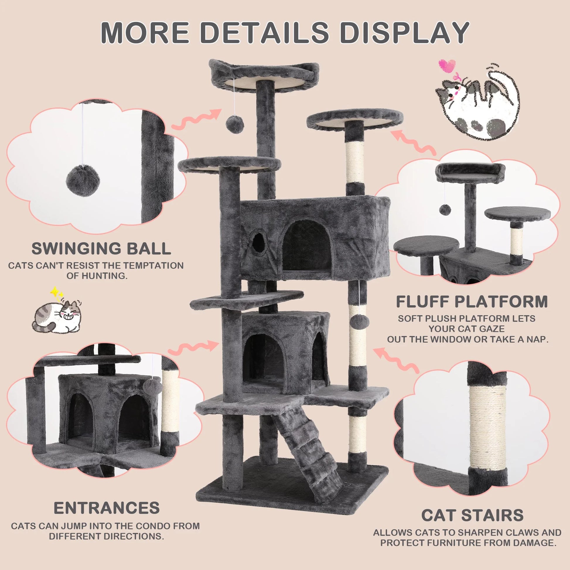 54In  Tower, Multi-Level Cat Tower Furniture Activity Center with Platform Scratching Posts Stand House Condo and Toy, Cat Condos for Indoor Cats Kitten Activity Relaxing, Ashy