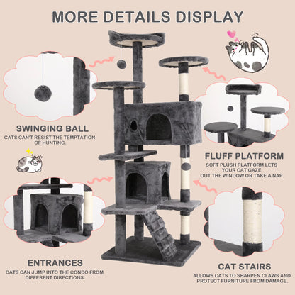 54In  Tower, Multi-Level Cat Tower Furniture Activity Center with Platform Scratching Posts Stand House Condo and Toy, Cat Condos for Indoor Cats Kitten Activity Relaxing, Ashy