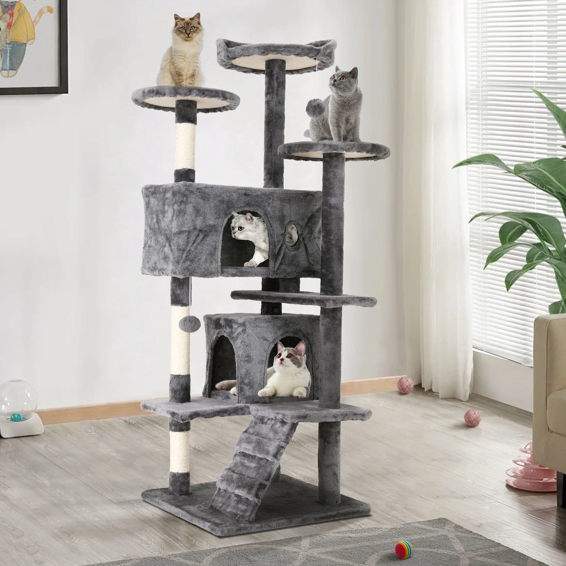 54In  Tower, Multi-Level Cat Tower Furniture Activity Center with Platform Scratching Posts Stand House Condo and Toy, Cat Condos for Indoor Cats Kitten Activity Relaxing, Ashy