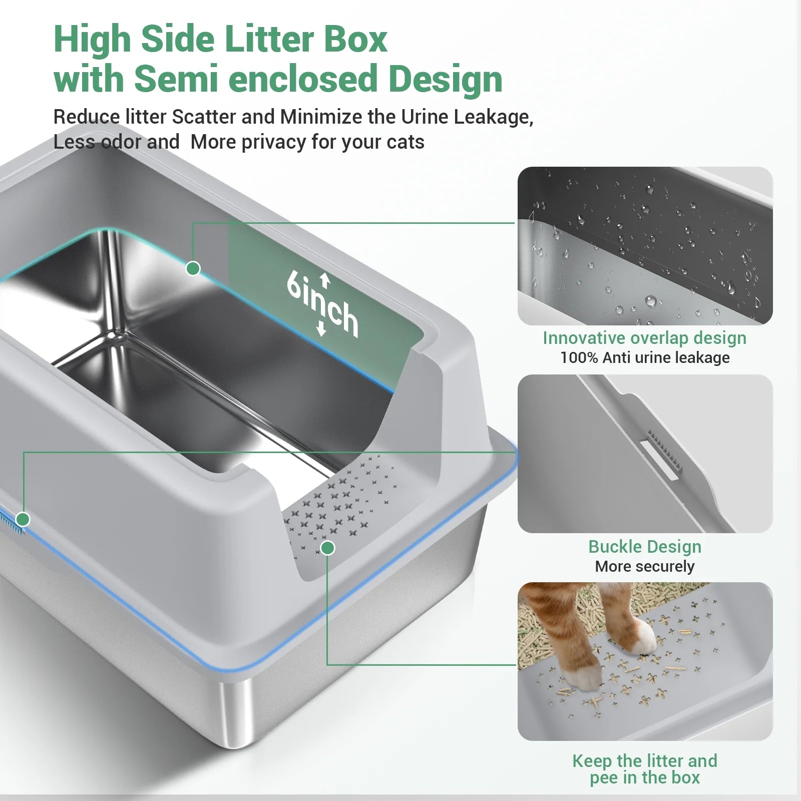 Stainless Steel Cat Litter Box with Paw Filter Pedal&2-Layer Sifting Mat&Scooper, 20L Extra Large Metal Litter Pan with Lid&High Wall Sides Enclosure for Small/Big/Multi Cats,Light Grey