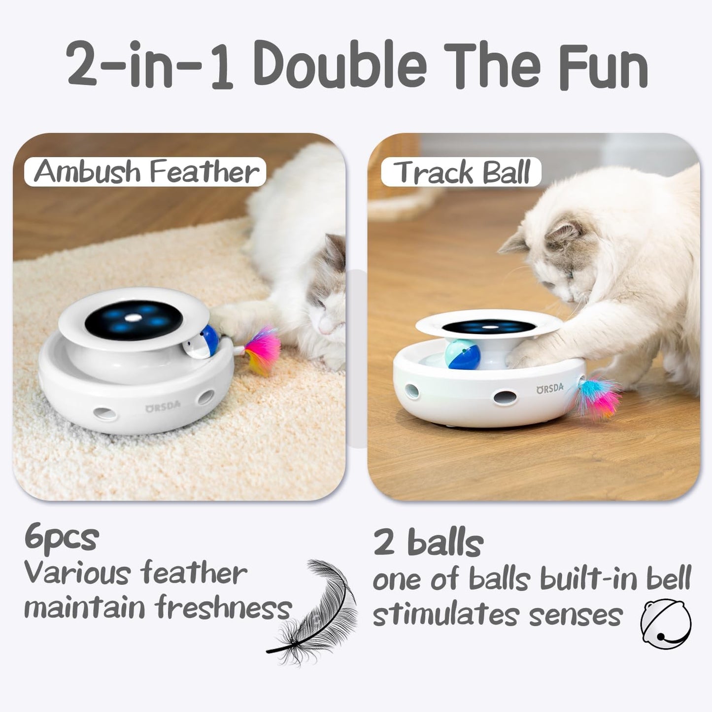 2In1 Interactive Toys for Indoor Cats, Timer Auto On/Off, Cat Toy Balls & Ambush Electronic Cat Mice Toy for Entertainment with 6Pcs Feathers, Dual Power Supplies