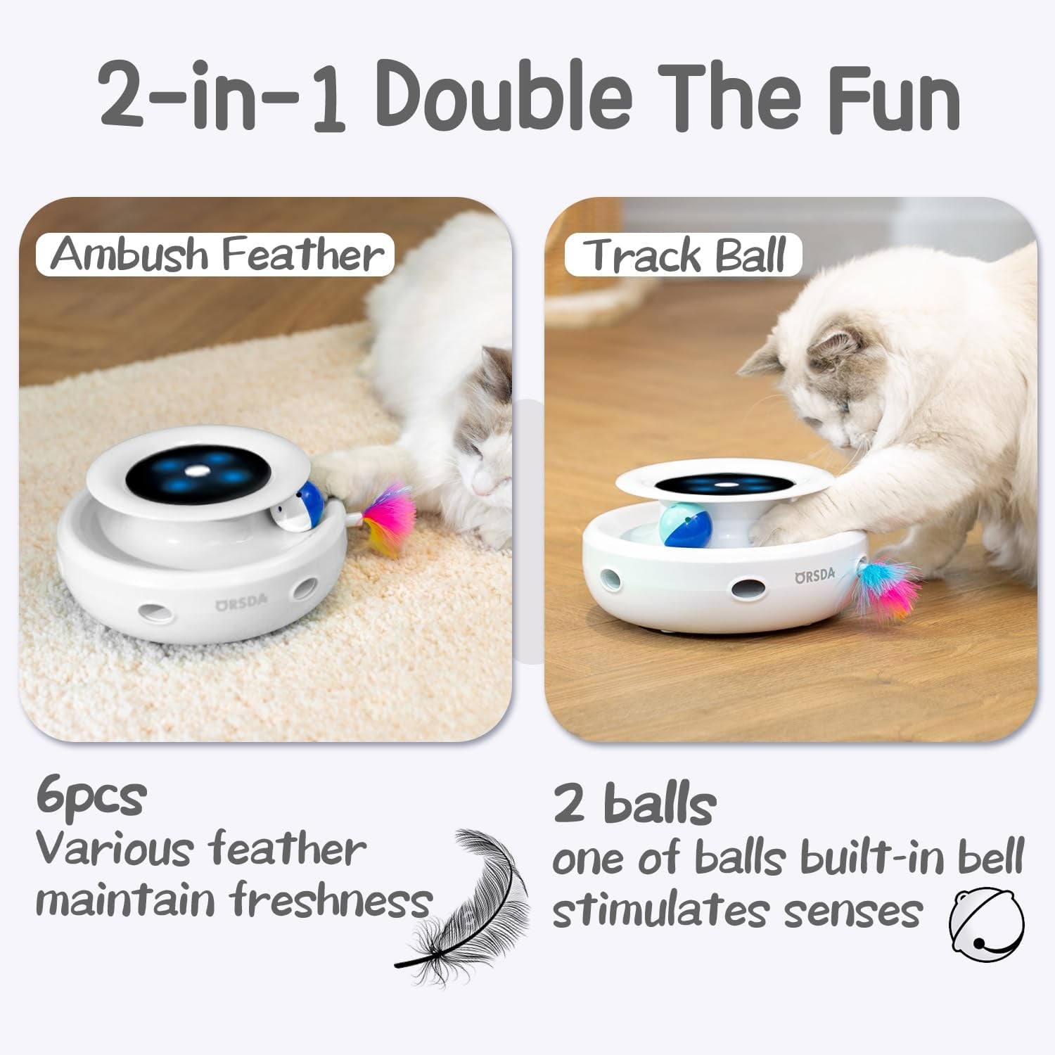 2In1 Interactive Toys for Indoor Cats, Timer Auto On/Off, Cat Toy Balls & Ambush Electronic Cat Mice Toy for Entertainment with 6Pcs Feathers, Dual Power Supplies