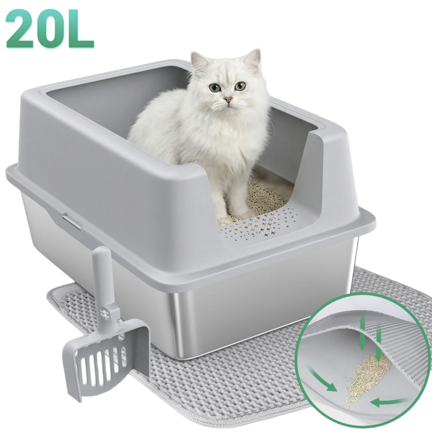 Stainless Steel Cat Litter Box with Paw Filter Pedal&2-Layer Sifting Mat&Scooper, 20L Extra Large Metal Litter Pan with Lid&High Wall Sides Enclosure for Small/Big/Multi Cats,Light Grey